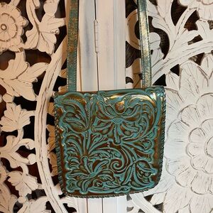 Patricia Nash Granada Turquoise/Gold Tooled Leather Crossbody.